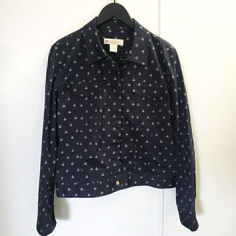 Peck & Peck Collection Women's Jacket Stretch Button Up Nautical Anchor Size 14